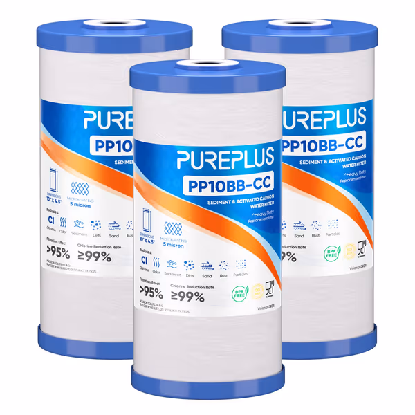 PUREPLUS 5 Micron 10" x 4.5" Whole House Sediment and Carbon Filter Cartridge, 3-Pack